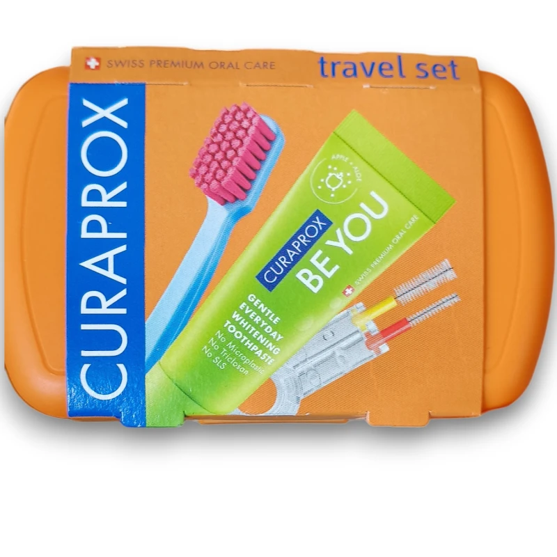 Curaprox Travel Set Duo Holder, Be You – zestaw podróżny pomarańczowy, 1 sztuka - Pasta Jabłko + Aloes 10 ml + szczoteczka + szczoteczki międzyzębowe