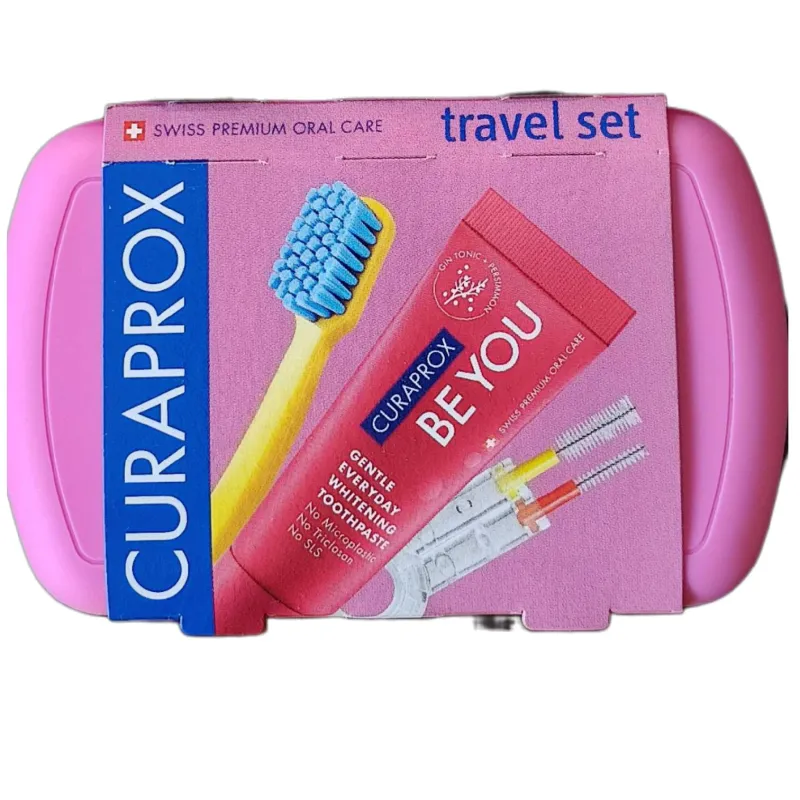 Curaprox Travel Set Duo Holder,  Be You - zestaw podróżny różowy, 1 sztuka - Pasta gin z tonikiem i kaki 10 ml + szczoteczka + szczoteczki międzyzębowe