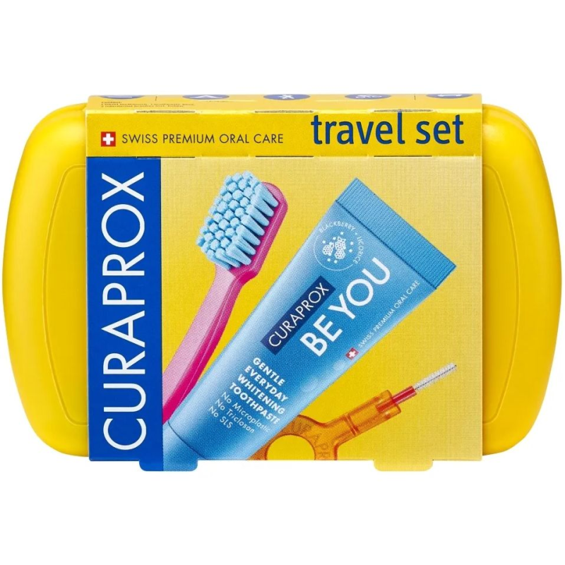 Curaprox Travel Set Yellow Zestaw podróżny, 1 sztuka - Pasta do zębów, szczoteczka i szczoteczki międzyzębowe w poręcznym etui podróżnym