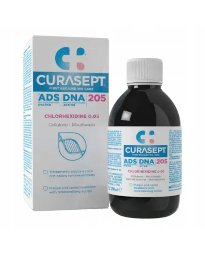 Curasept ADS DNA 205 0,05% Chlorhexidine 0,05% Fluoride płyn do płukania jamy ustnej, 200 ml - Chroni dziąsła, spowalnia odkładanie płytki nazębnej