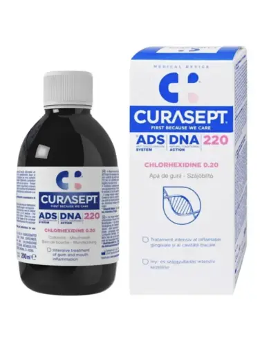 Curasept ADS DNA 220 0,2% Chlorhexidine Płyn do płukania jamy ustnej, 200 ml - Wpomaga leczenie zapalenia dziąseł, do stosowania przez 7-14 dni.