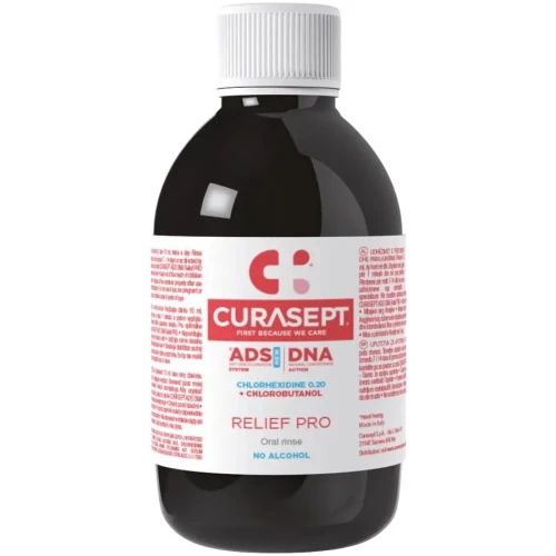 Curasept ADS DNA 220 Relief Pro 0.20% CHX + chlorobutanol Płyn do płukania jamy ustnej, 200 ml - Intensywna ochrona i ukojenie po zabiegach stomatologicznych