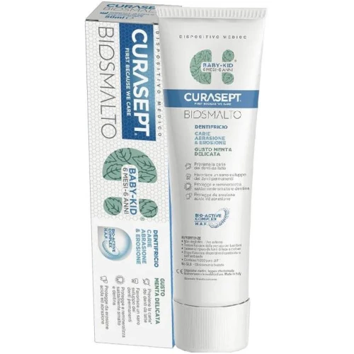Curasept Biosmalto Baby-Kid, smak miętowy, pasta do zębów z fluorem dla dzieci 6. miesięcy – 6 lat, 50 ml - Ochrona przed próchnicą zębów mlecznych