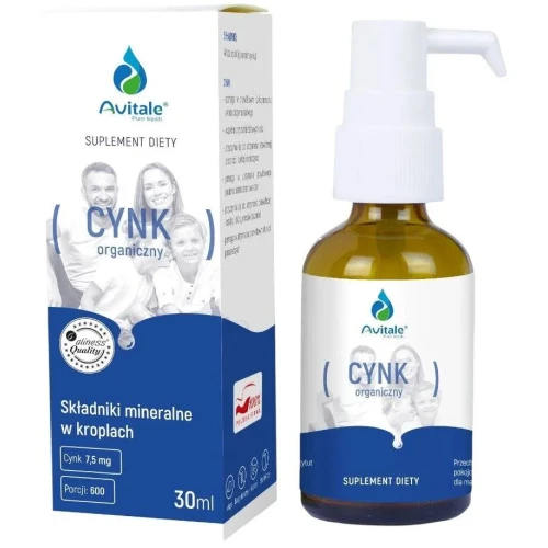 Avitale Cynk Organiczny 7,5 mg Krople, 30 ml -  Glukonianu cynku w wygodnej butelce z pompką ułatwiającą dozowanie 