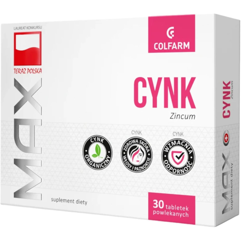 Colfarm Max Cynk 10mg, 30 tabletek powlekanych  -  Suplement diety z cynkiem