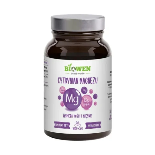 Biowen Cytrynian magnezu 825 mg z Witaminą B6, 100 kapsułek - Suplement diety z magnezem i witaminą B6 w wegańskich kapsułkach