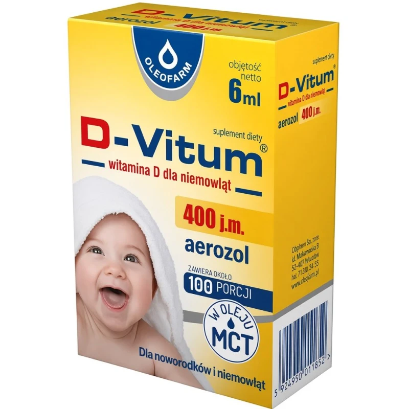D-Vitum, 400 j.m., aerozol, 6 ml - Witamina D3 w oleju MCT. Dla noworodków i niemowląt