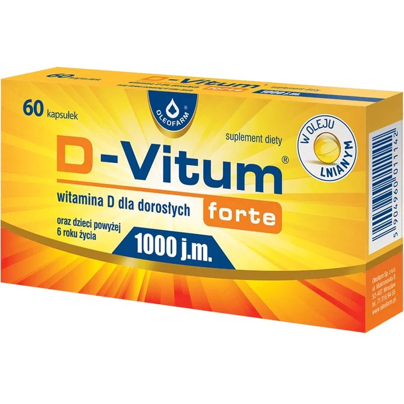 D-Vitum Forte 1000 j.m., 60 kapsułek - Z witaminą D3 w oleju lnianym, dla dzieci powyżej 6. roku życia i dorosłych