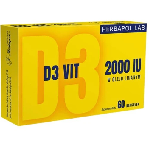 Herbapol Lab D3 Vit 2000 IU, 60 kapsułek - Witamina D3 i olej lniany, bogaty w kwasy tłuszczowe omega-3
