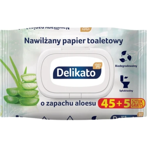 Delikato Nawilżany papier toaletowy o zapachu aloesu, 50 listków - Delikatna pielęgnacja i świeżość dla wrażliwej skóry