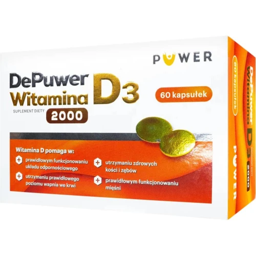 DePuwer Witamina D3, 2000 j.m., 60 kapsułek - Z witaminą D3 w oleju z krokosza, która wspomaga funkcjonowanie układu odpornościowego