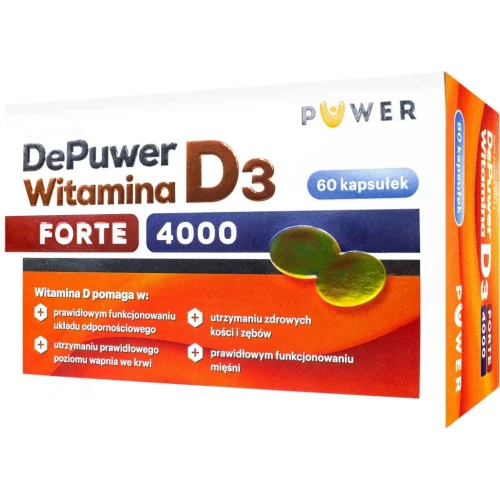 DePuwer Forte Witamina D3, 4000 j.m., 60 kapsułek - Z witaminą D3 w oleju z krokosza