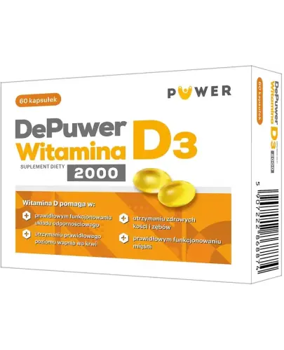 DePuwer Witamina D3, 2000 j.m., 60 kapsułek - Z witaminą D3 w oleju z krokosza, która wspomaga funkcjonowanie układu odpornościowego
