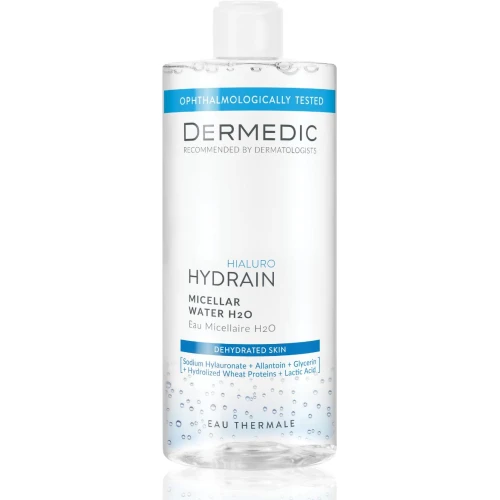 Dermedic Hydrain Hialuro płyn micelarny H2O, 500 ml - Z kwasem hialuronowym i kompleksem Hydroveg VV zmywa makijaż i usuwa zanieczyszczenia