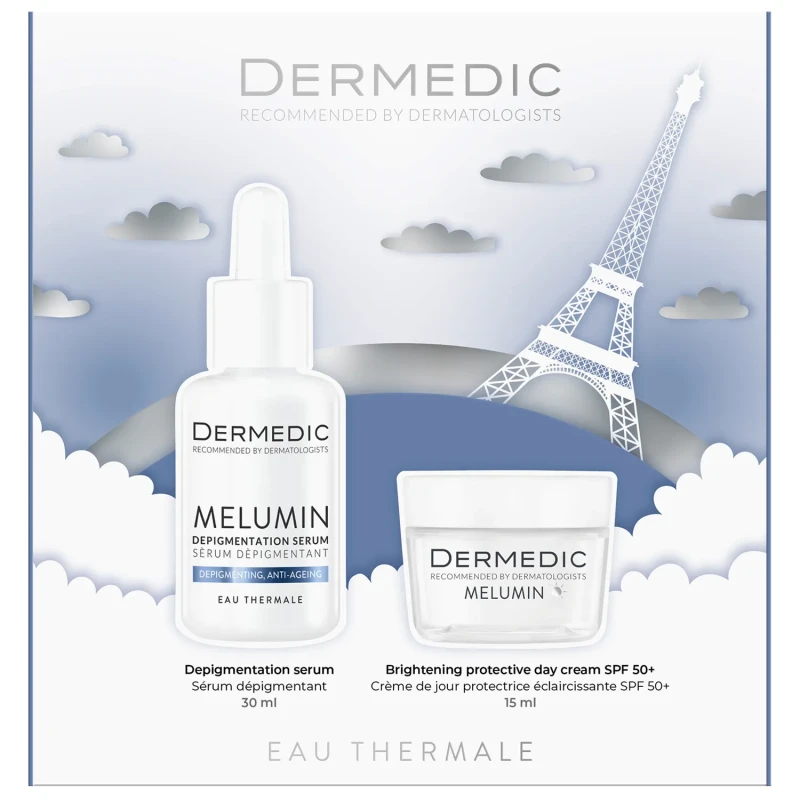 Dermedic Melumin Zestaw Serum depigmentacyjne, 30 ml + Ochronny krem na dzień SPF 50+, 15 ml - Kosmetyki na przebarwienia