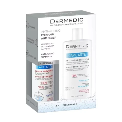Dermedic Capilarte Zestaw Szampon anti-ageing, 300 ml + Serum stymulujące wzrost włosów, 150 ml - Wspiera ochronę przed nadmiernym wypadaniem włosów