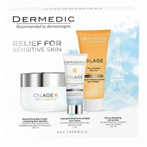 Dermedic Oilage Anti-Ageing Zestaw - Krem do twarzy, 50 ml + Krem pod oczy, 7 ml + Olejowy syndet do mycia twarzy, 25 ml - Odżywczy zestaw przeciwzmarszczkowy dla skóry dojrzałej