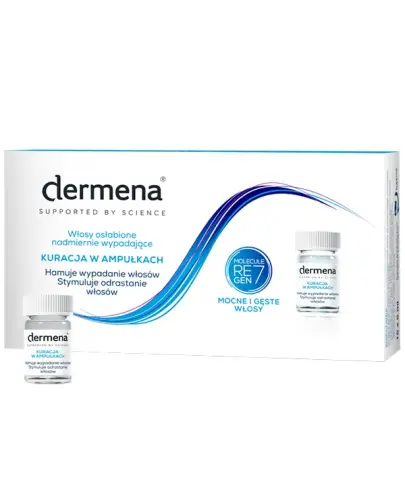 Dermena, kuracja hamująca wypadanie włosów, 5 ml x 15 ampułek - Do włosów osłabionych, nadmiernie wypadających, dla kobiet i mężczyzn Dermena, kuracja hamująca wypadanie włosów, 5 ml x 15 ampułek - Do włosów osłabionych, nadmiernie wypadających, dla kobiet i mężczyzn