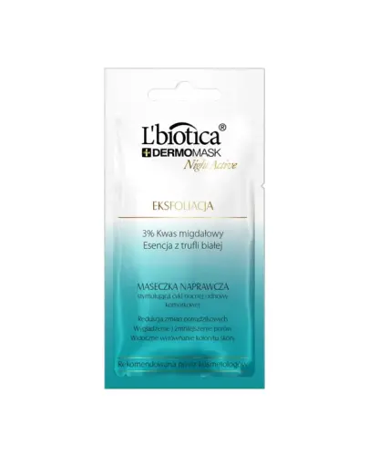 L'biotica Dermomask Night Active Eksfoliacja Maseczka naprawcza, 12 ml - Zawiera 3% kwasu migdałowego, który łagodnie pobudza odnowę komórkową skóry