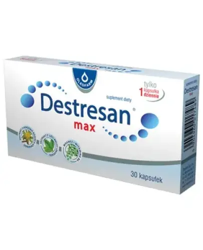 Destresan max 30 kapsułek - Suplement diety z ekstraktem z liści melisy lekarskiej i korzenia różeńca górskiego oraz magnezem i witaminą B6