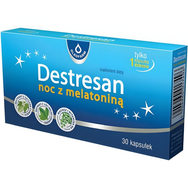 Destresan noc z melatoniną, 30 kapsułek - Kompozyca ekstraktów roślinnych z magnezem, melatoniną i witaminą B6