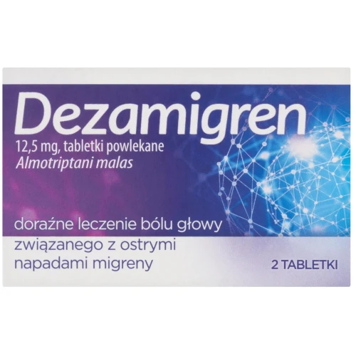 Dezamigren 12,5 mg,  2 tabletki - W doraźnym leczeniu bólu głowy związanego z ostrymi napadami migreny z aurą lub bez aury
