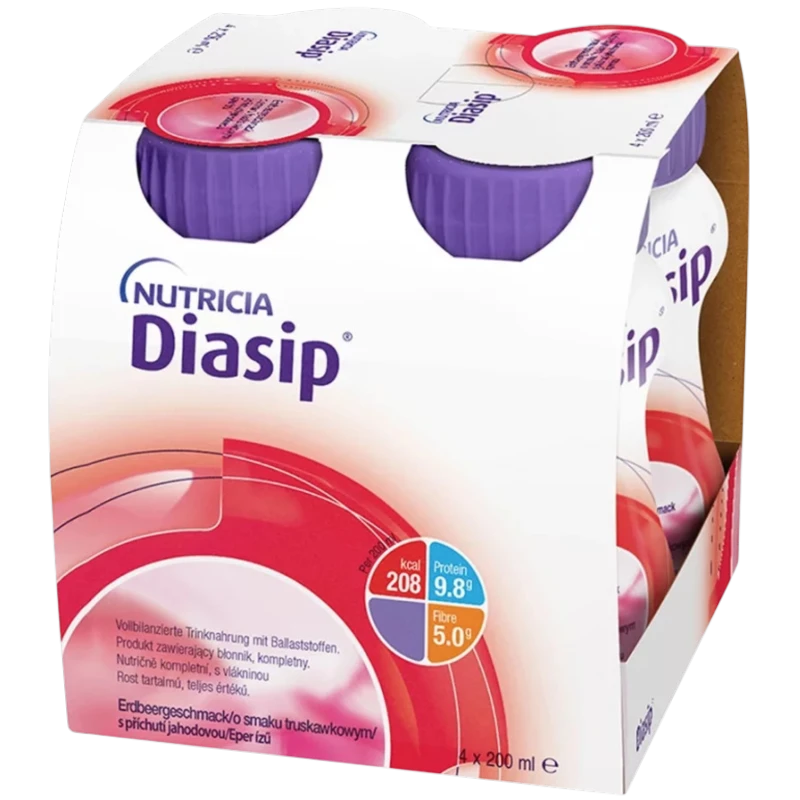 Diasip smak truskawkowy, 4 x 200ml - Do postępowania dietetycznego w niedożywieniu związanym z chorobą u pacjentów z cukrzycą i hiperglikemią