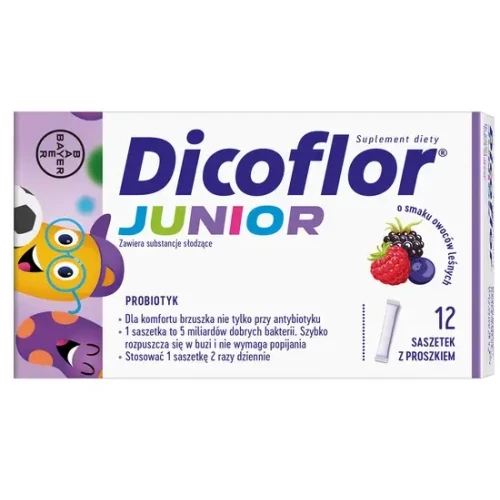 Dicoflor Junior 12 saszetek - Z proszkiem o smaku owoców leśnych, żywe kultury bakterii nie tylko przy antybiotyku