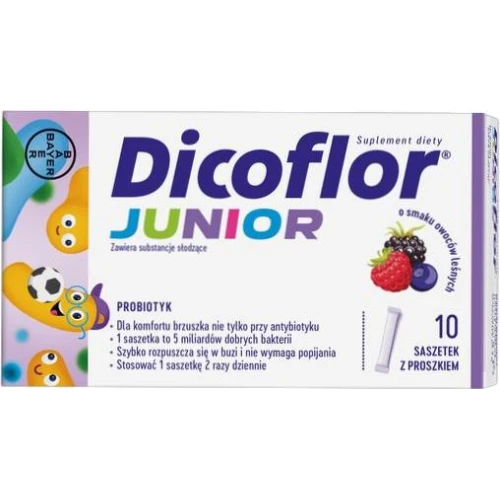 Dicoflor Junior, smak owoców leśnych,  10 saszetek - Wzbogaca mikroflorę jelitową, ozpuszcza się w buzi nie wymaga popijania