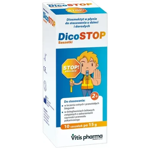 Dicostop, 10 saszetek - Saszetki wskazane do stosowania w leczeniu ostrych i przewlekłych biegunek