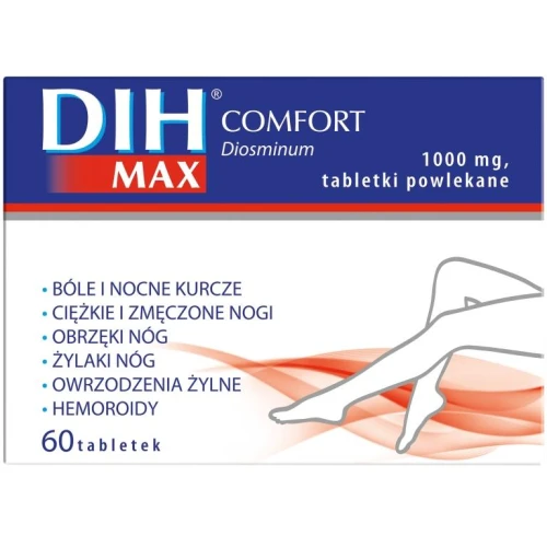 DIH Max Comfort 1000 mg 60 tabletek powlekanych - Lek, który zwiększa napięcie naczyń żylnych oraz działa ochronnie na naczynia