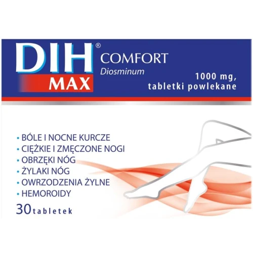 DIH Max Comfort 1000 mg 30 tabletek powlekanych - Lek, który zwiększa napięcie naczyń żylnych oraz działa ochronnie na naczynia