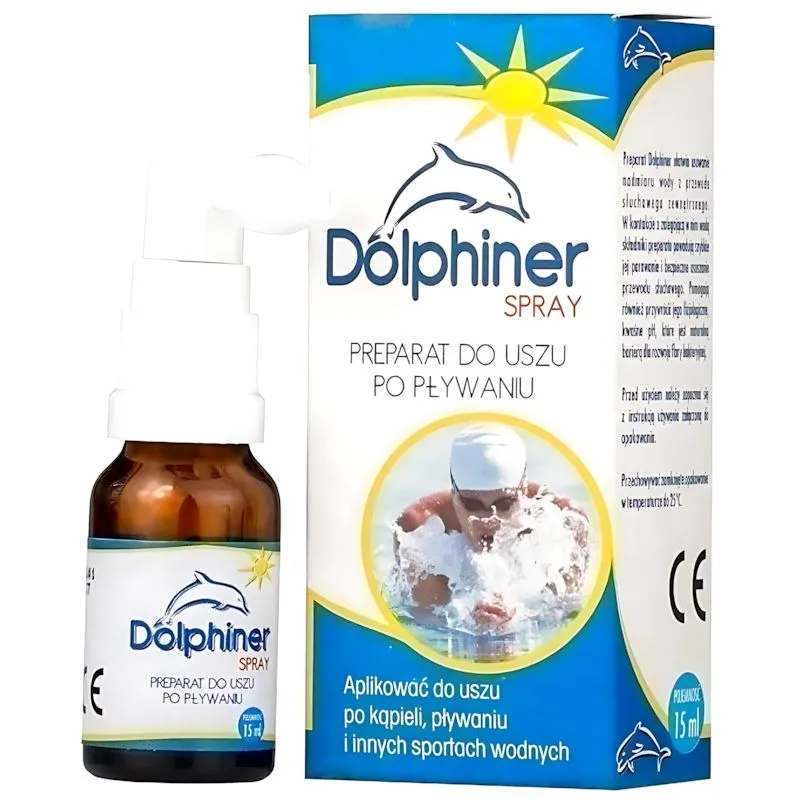 Dolphiner, spray 15 ml - Usuwana nadmiar wody z przewodu słuchowego oraz chroni przed  zapaleniem ucha