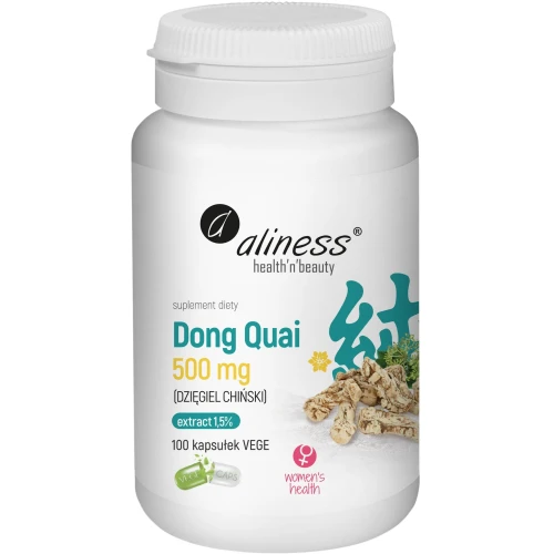Aliness Dong Quai (Dzięgiel Chiński) Ekstrakt 1,5% 500 mg, 100 kapsułek - Z ekstraktem z dzięgla chińskiego standaryzowanym na ligustylid