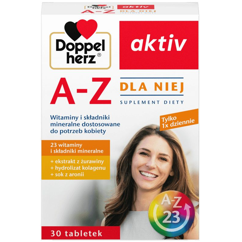Doppelherz Aktiv A-Z Dla Niej, 30 tabletek - Kompleks witamin i minerałów z kolagenem, wzmacniający włosy i paznokcie