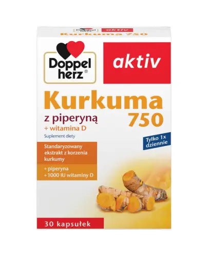 Doppelherz Aktiv Kurkuma 750, 30 kapsułek - Kapsułki z ekstraktem z korzenia kurkumy wzbogacone witaminą D