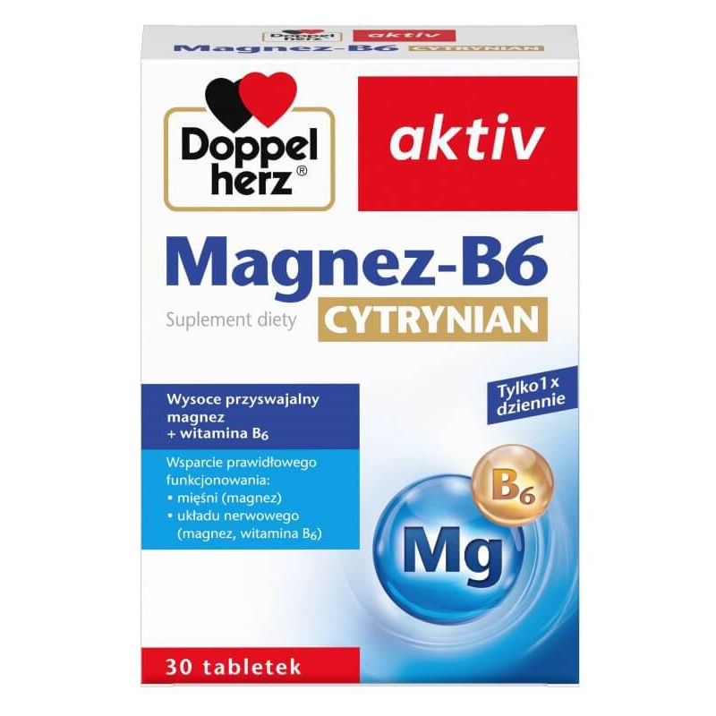 Doppelherz Aktiv Magnez-B6 Cytrynian, 30 tabletek - Wzbogacony witaminą B6