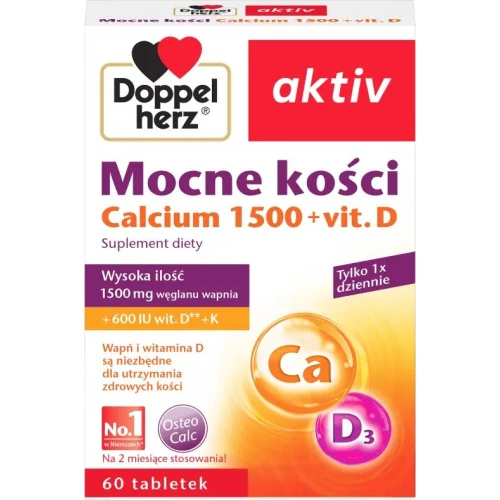 Doppelherz Aktiv Mocne kości Calcium 1500+Vit.D, 60 tabletek  - Suplement diety z wapniem i witaminą D