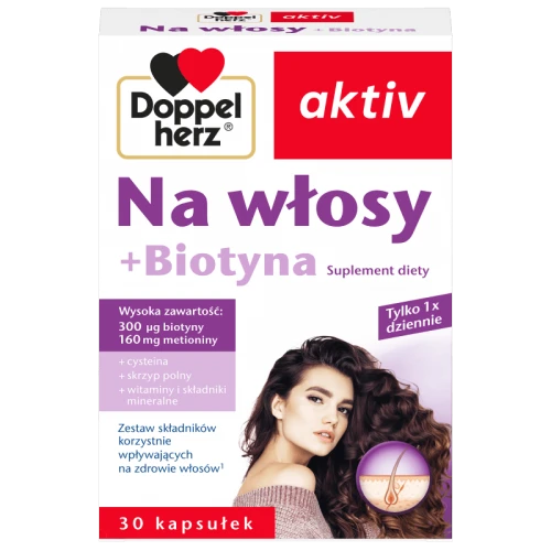 Doppelherz Aktiv Na włosy + Biotyna, 30 kapsułek - Suplement diety ze skrzypem polnym, witaminami i minerałami
