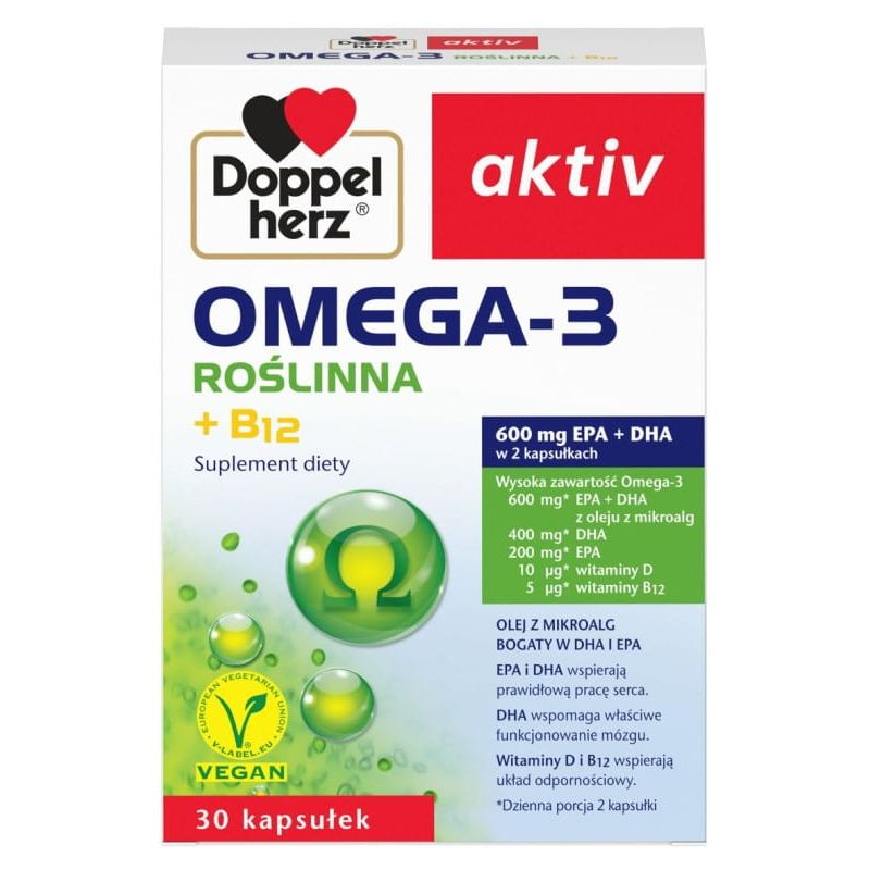 Doppelherz Aktiv Omega-3 Roślinna, 30 kapsułek - Z kwasami omega-3 pochodzenia roślinnego