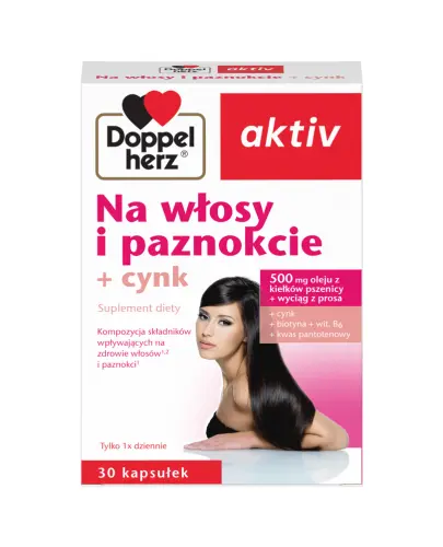 Doppelherz Aktiv Na włosy i paznokcie + cynk, 30 kapsułek - Kompozycja składników korzystnie wpływających na włosy i paznokcie