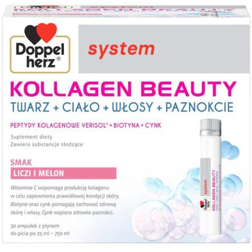 Doppelherz System Kollagen Beauty smak liczi i melon, 30 ampułek - Kolagen do picia – wsparcie zdrowia skóry, włosów i paznokci