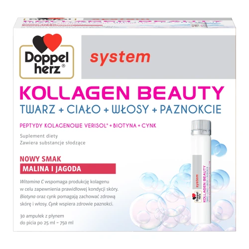 Doppelherz System Kollagen Beauty smak malina i jagoda, 30 ampułek - Formuła kolagenowa dla jędrnej skóry i mocnych paznokci