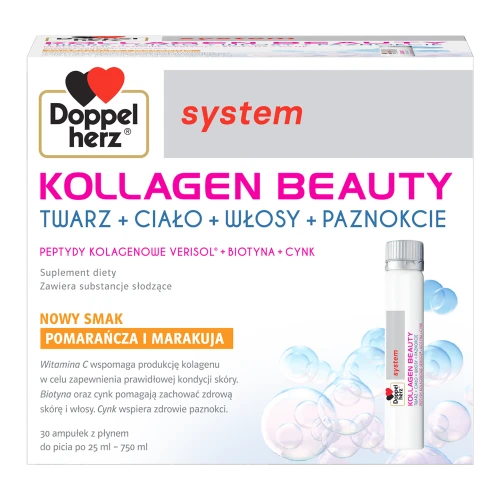 Doppelherz System Kollagen Beauty smak pomarańcza i marakuja, 30 ampułek - Wygodna forma ampułek z kolagenem do picia