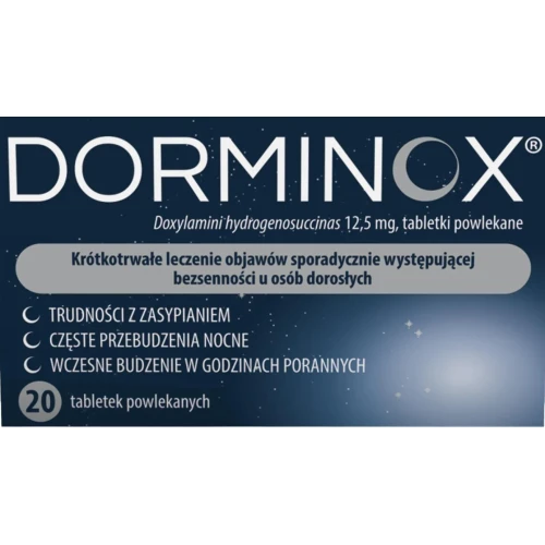Dorminox 12,5 mg, 20 tabletek powlekanych - Z doksylaminą o działaniu nasennym i uspokajającym
