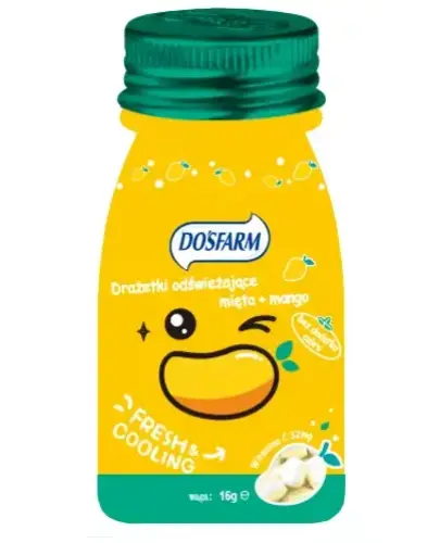 Dosfarm, drażetki o smaku mięty i mango z witaminą C, 16g - Drażetki odświeżające z sorbitolem