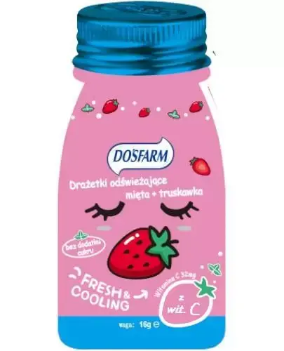 Dosfarm, drażetki o smaku mięty i truskawki z witaminą C, 16g - Drażetki odświeżające z sorbitolem