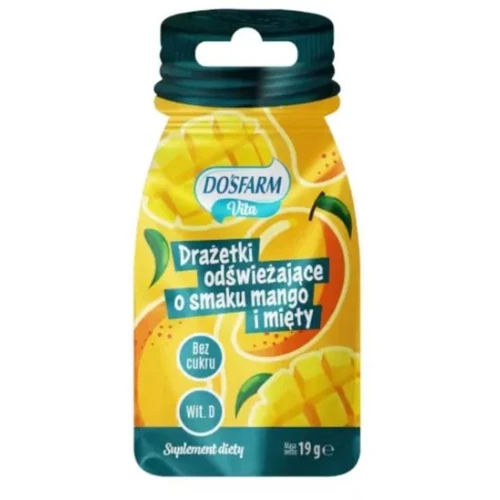 Dosfarm Vita drażetki odświeżające o smaku Mango i Mięty, 19 g - Z dodatkiem witaminy D, bez dodatku cukru