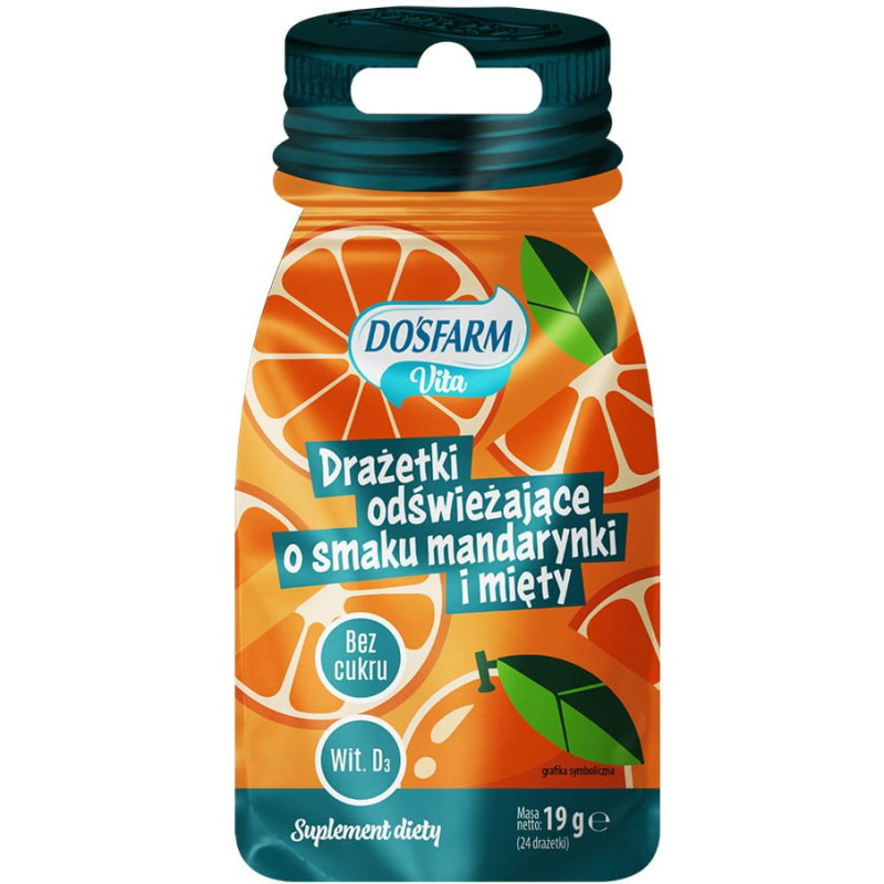 Dosfarm Vita Drażetki odświeżające o smaku mandarynki i mięty, 19 g - Z dodatkiem witaminy D, bez dodatku cukru