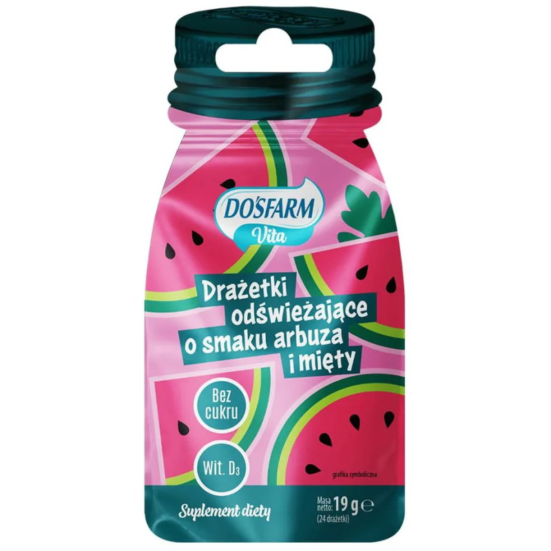 Dosfarm Vita Drażetki odświeżające o smaku arbuza i mięty, 19 g - Z dodatkiem witaminy D, bez dodatku cukru